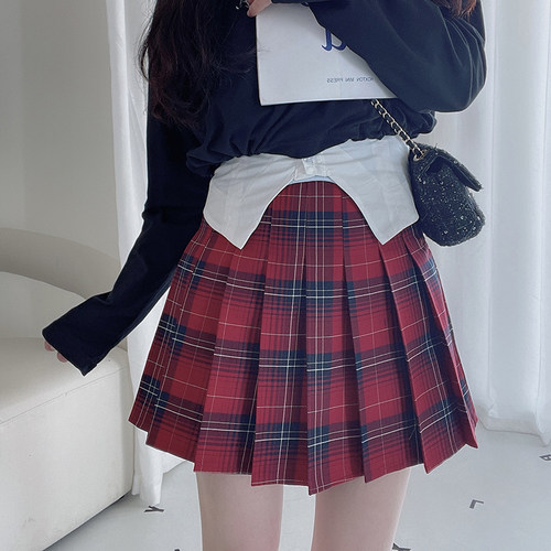 红色格纹显瘦防走光不炸褶半身裙