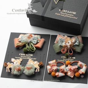 秋冬新款儿童发饰套装圣诞新年礼物礼盒高端手工定制发夹发卡皮筋