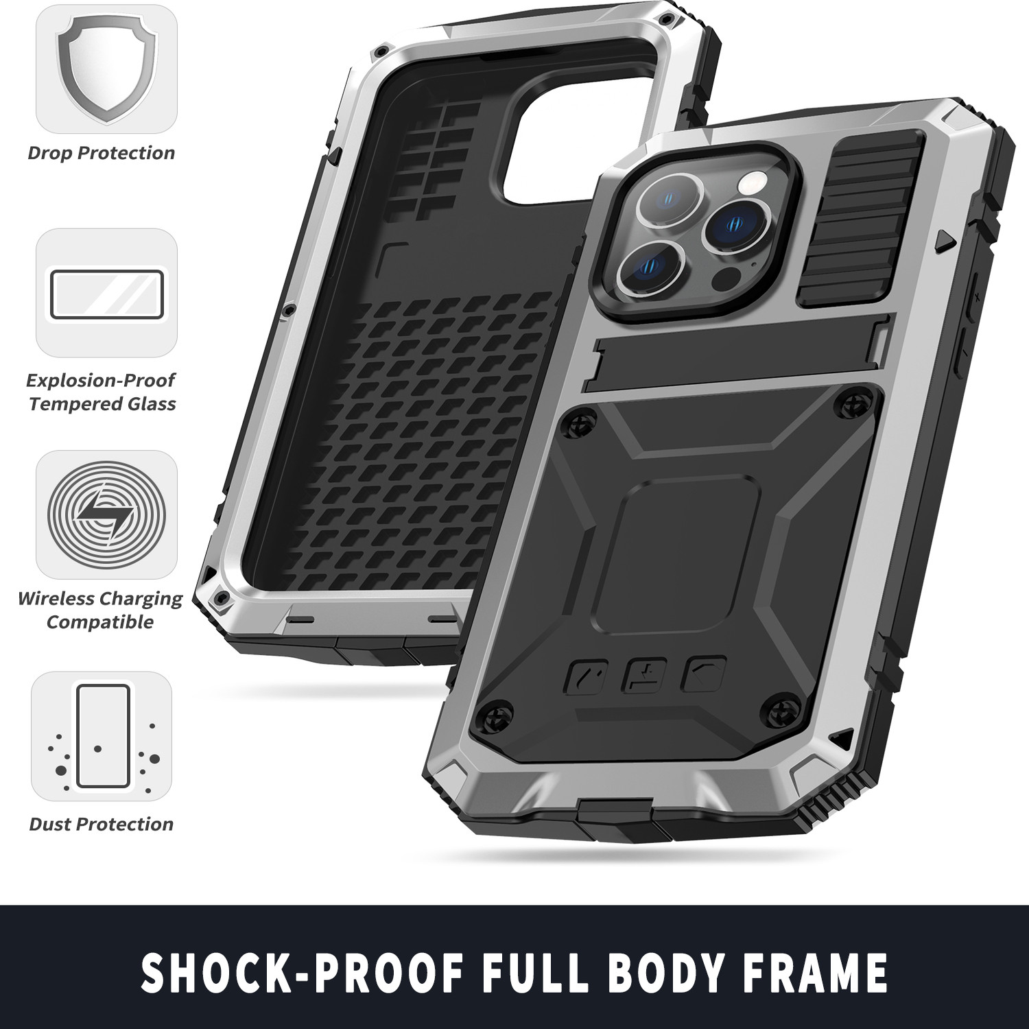 适用于iPhone14promax手机壳三防苹果14pro金属保护套带钢化膜气囊硅胶14plus加厚防摔全包边i14pm防爆铁硬壳