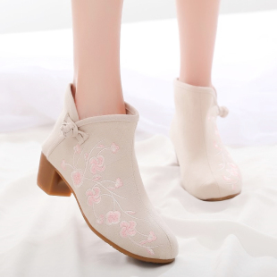 绣花鞋子女粗跟旗袍短靴中国风禅意茶服鞋配古风汉服鞋老北京布鞋
