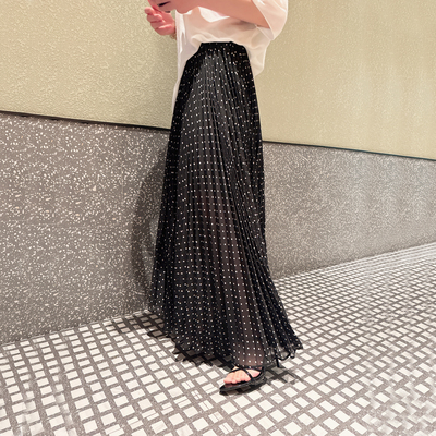重工压褶法式小波点优雅复古知性气质半身裙女夏黑色雪纺波点长裙