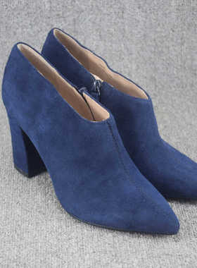 真皮断码清仓尖头羊绒面时装女鞋春秋季粗跟高跟深口时尚单鞋