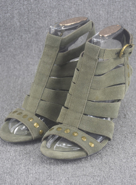 库存特价清仓真皮高跟坡跟凉鞋女夏镂空扣带百搭露趾凉靴女鞋子