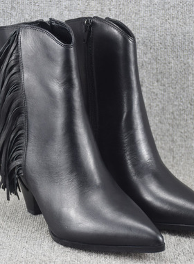 外贸原单大码真皮粗跟尖头流苏短靴子秋冬踝靴女鞋短筒马丁靴女鞋