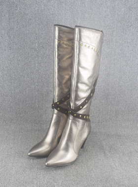 库存清仓真皮女靴春秋长靴百搭粗跟高筒靴子皮带扣尖头高跟长筒靴