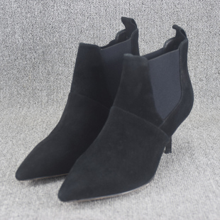 外贸真皮短靴断码清仓尖头高跟踝靴松紧带一脚蹬细跟短筒靴子女鞋