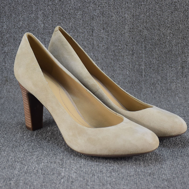外贸真皮大码41 42 43女鞋粗跟绒面高跟鞋女士圆头浅口春秋款单鞋