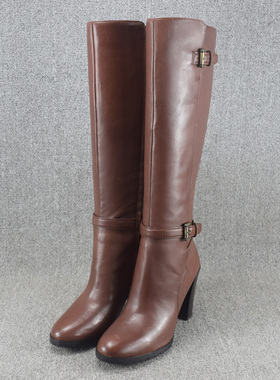 外贸真皮粗跟圆头长靴女高筒靴及膝靴瘦腿长筒靴时装靴女靴子清仓