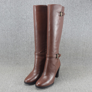 外贸真皮粗跟圆头长靴女高筒靴及膝靴瘦腿长筒靴时装靴女靴子清仓