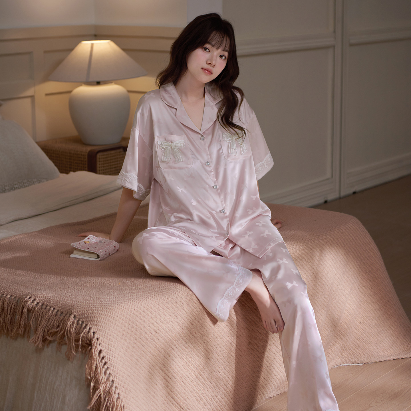 马克公主甜美蝴蝶结睡衣女夏季凉感冰丝蕾丝短袖长裤高质感家居服