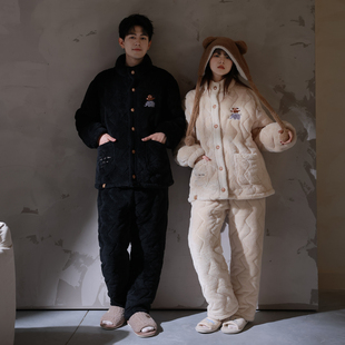 马克公主超厚三层夹棉高领情侣睡衣女冬季可爱珊瑚绒棉袄可外穿男