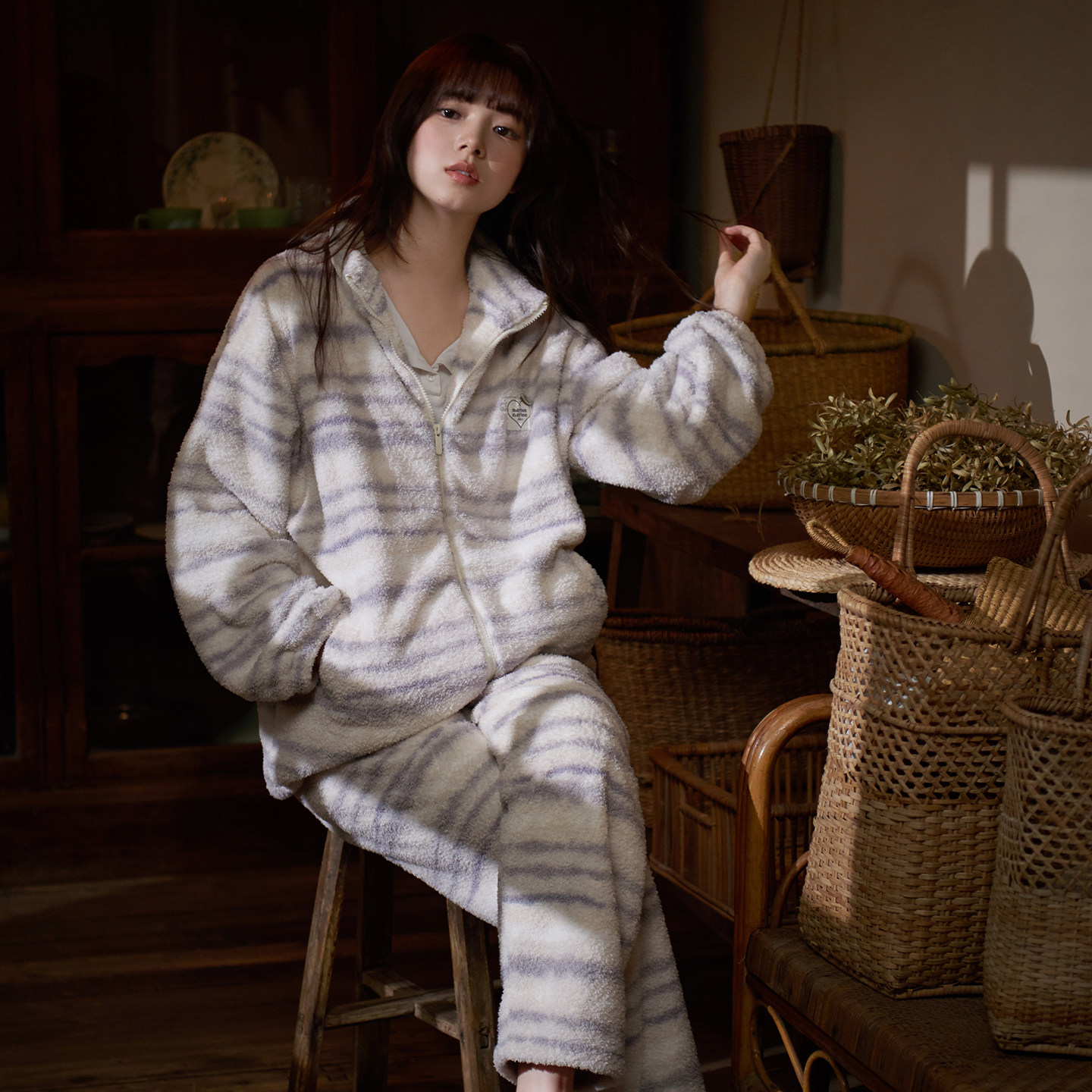 马克公主拉链立领睡衣女秋冬新款加厚条纹外套冬季软糯毛绒家居服