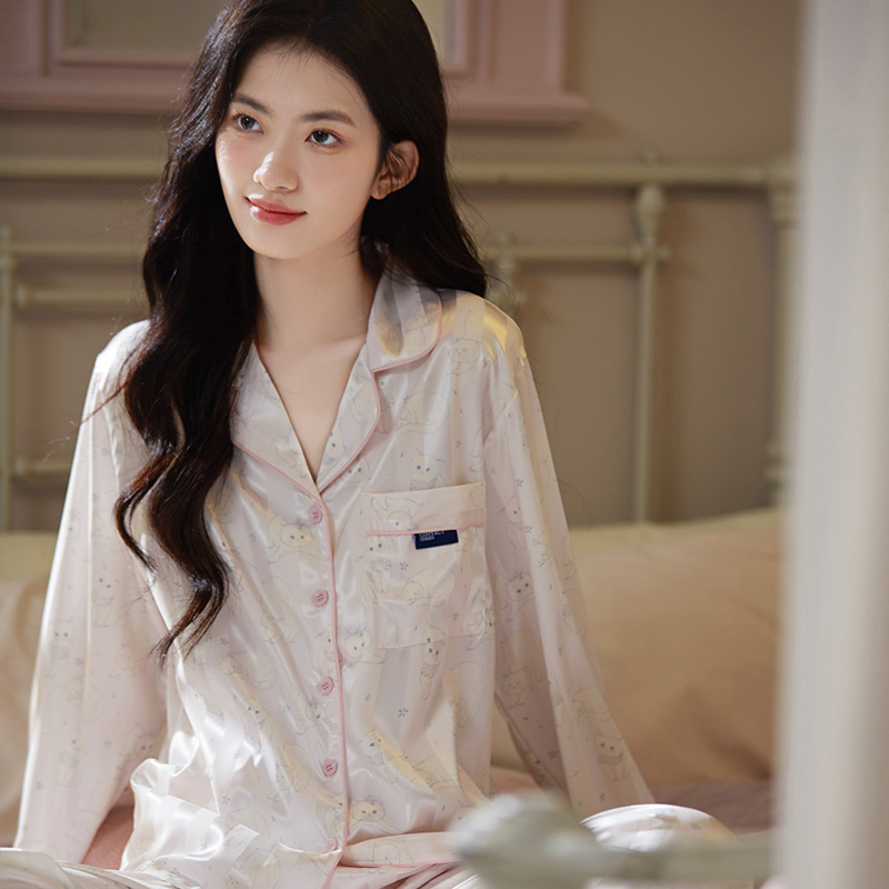 冰丝睡衣女春秋款可爱猫咪印花