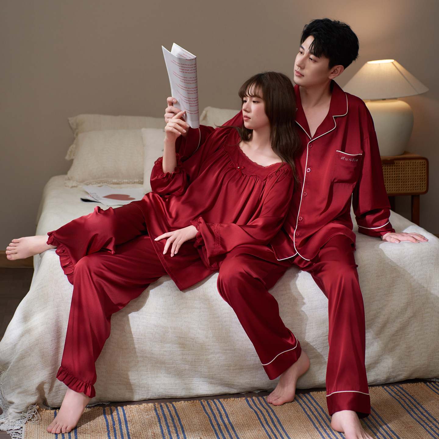 马克公主新婚情侣睡衣女春夏款法式绝美轻奢冰丝红色四季家居服男