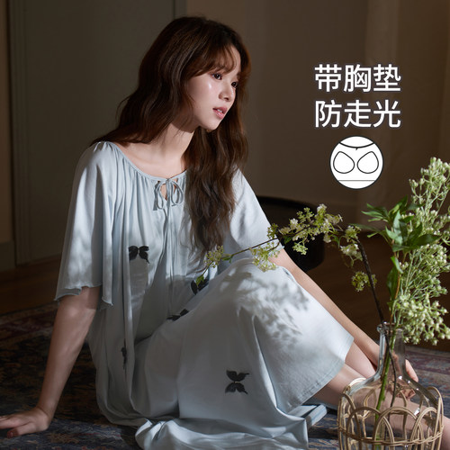 冰凉感天丝棉带胸垫睡裙女设计感