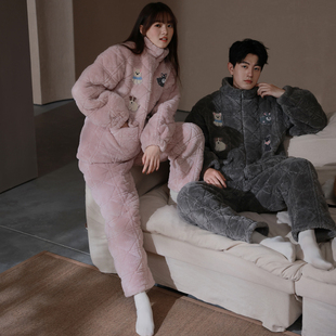 马克公主特厚三层夹棉情侣睡衣女冬季珊瑚绒棉袄可爱小狗家居服男