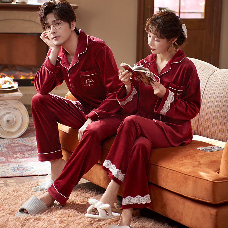 情侣睡衣女秋冬海岛绒结婚新婚红色男士家居服套装本命年珊瑚绒