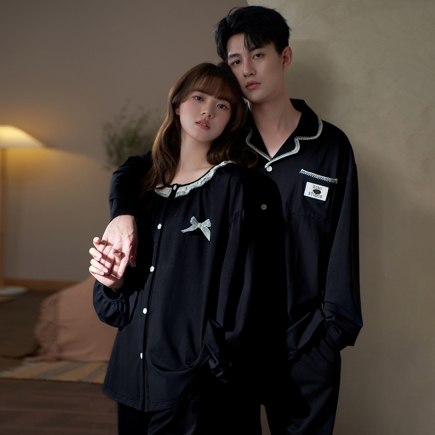 马克公主情侣睡衣女春秋新款纯棉甜美蕾丝长袖洋气可外穿家居服男