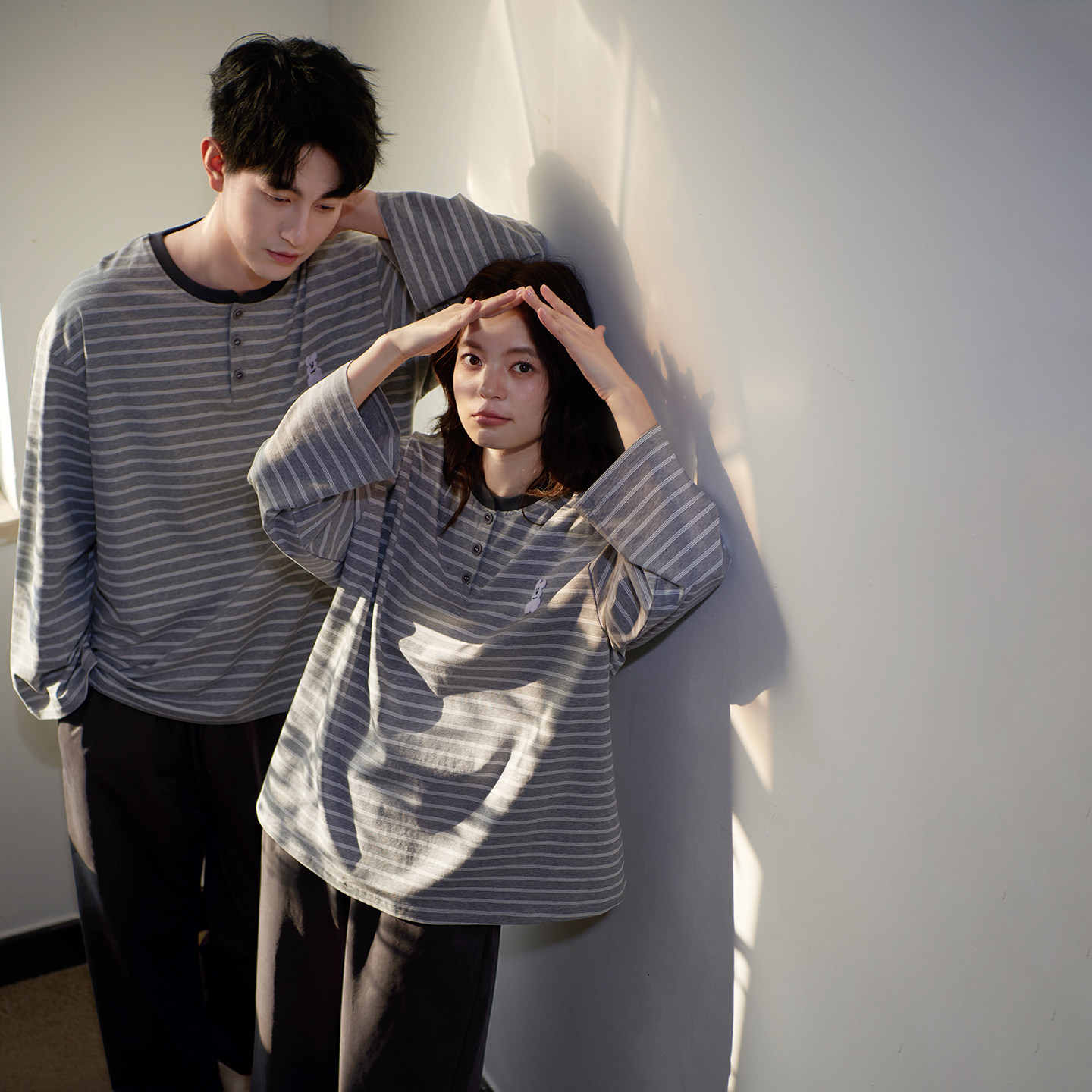 马克公主条纹情侣睡衣女春秋新款日系T恤长袖柔软纯棉男生家居服