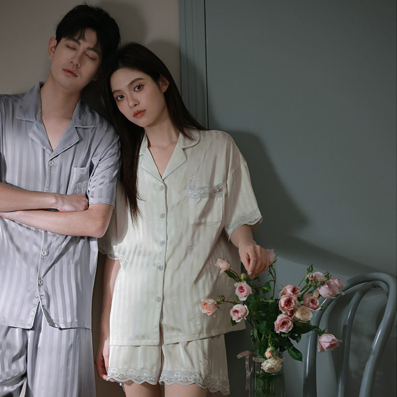 马克公主情侣睡衣女夏季甜美蕾丝短袖凉感冰丝高级感条纹家居服男