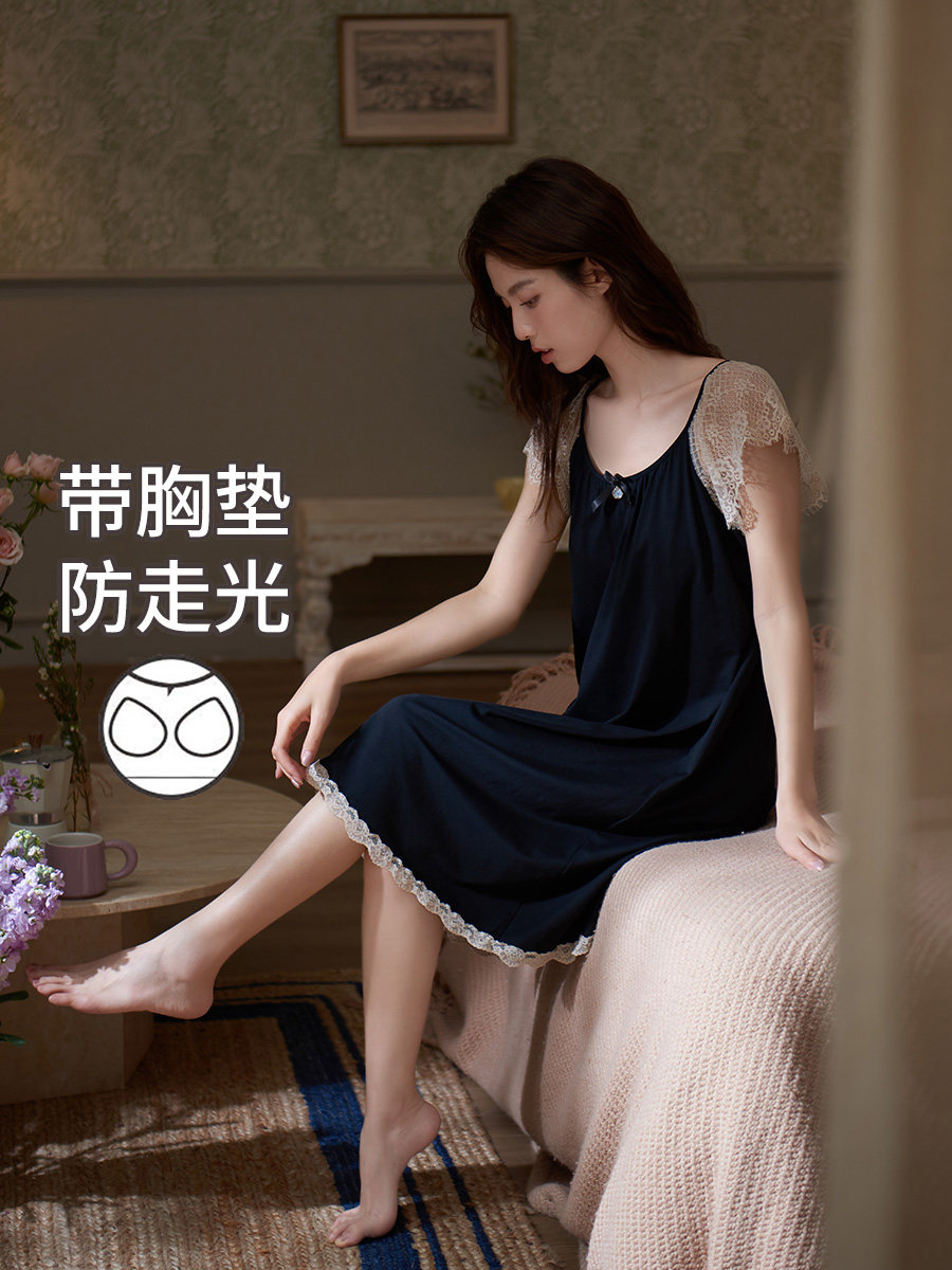 马克公主加厚睡衣的妇女夏天凉爽的棉花甜小飞袖蕾丝吊带睡衣黑色