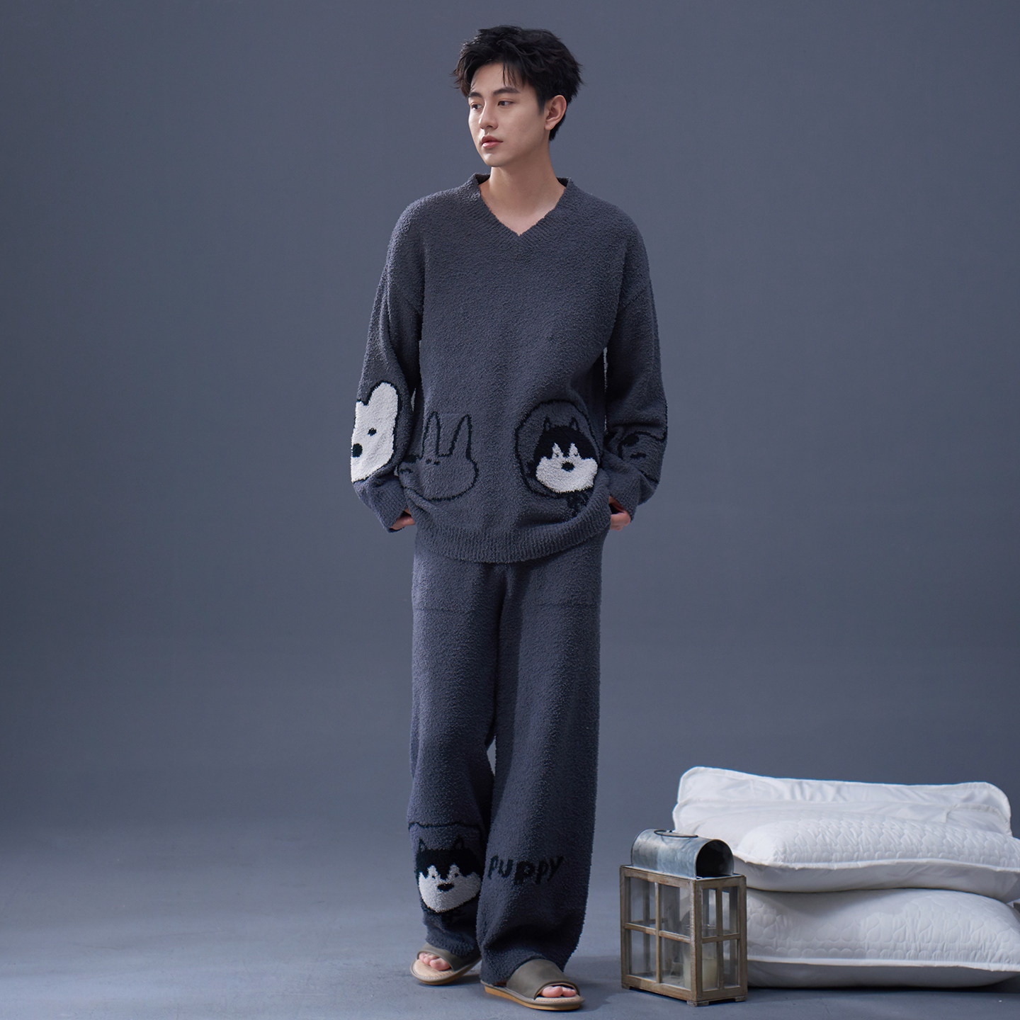 马克公主日系男生半边绒睡衣男款秋冬季可爱青少年加厚毛绒家居服