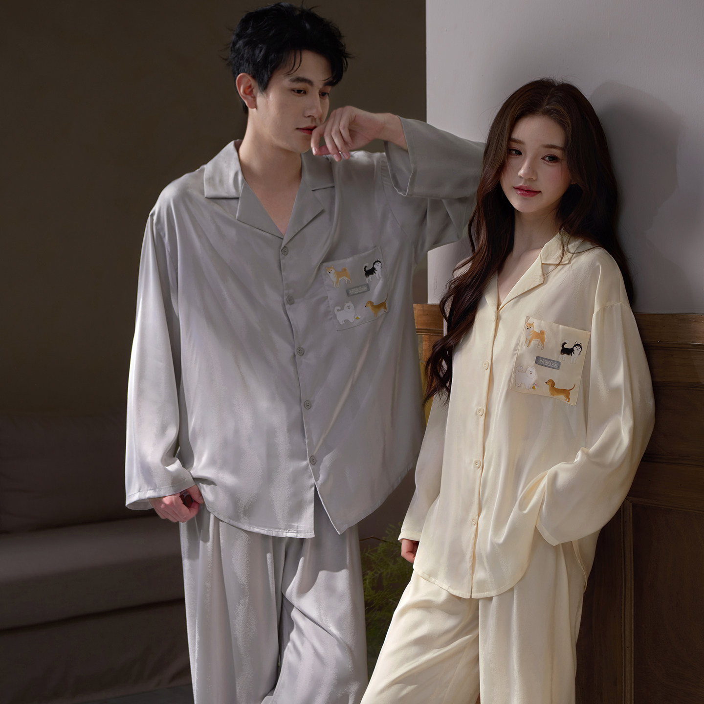 马克公主可爱情侣睡衣女春夏高级感缎面凉感冰丝四季卡通家居服男