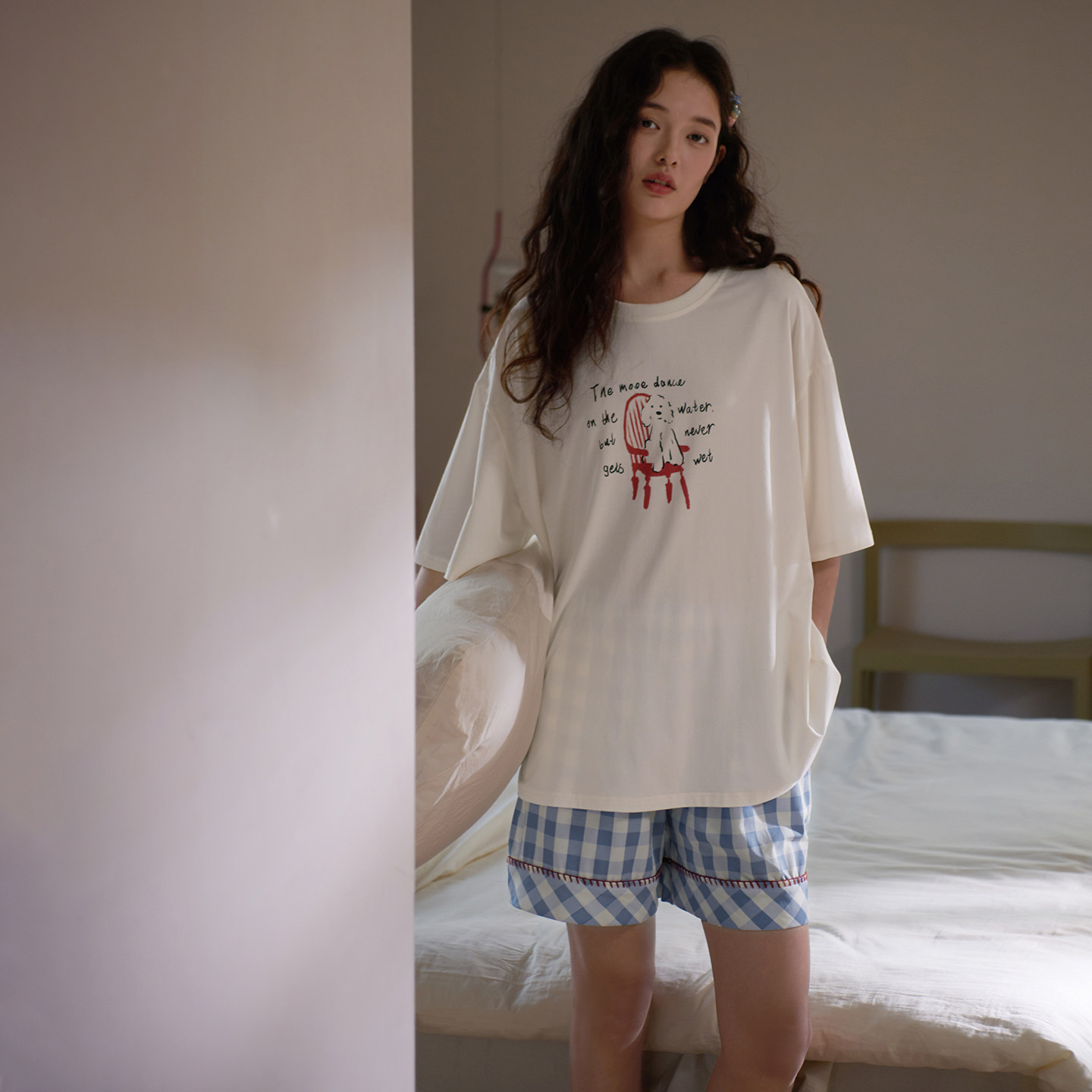 马克公主睡衣女夏可爱小狗T恤格子短裤凉感莫代尔棉小个子家居服