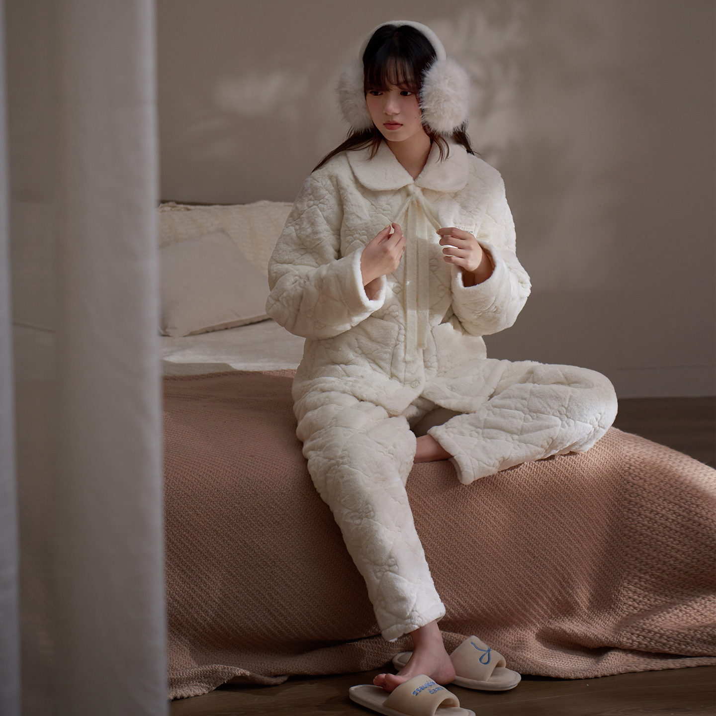 超厚三层夹棉睡衣女冬甜美蝴蝶结