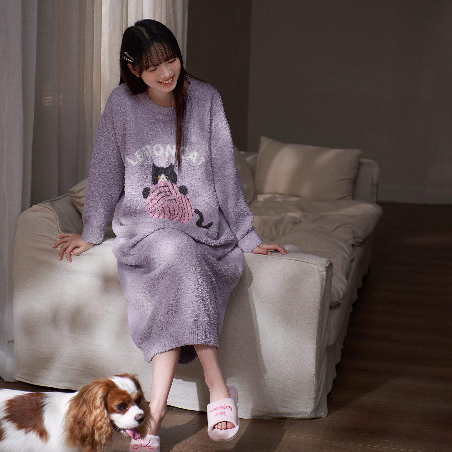 半边绒睡裙女秋冬款可爱卡通猫咪