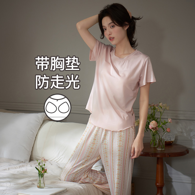 马克公主带胸垫睡衣女夏新款凉感莫棉甜美休闲短袖长裤少女家居服