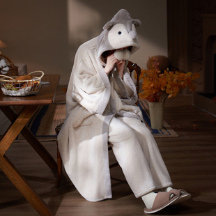 马克公主可爱企鹅斗篷睡袍女秋冬季加厚长款睡衣套装珊瑚绒家居服