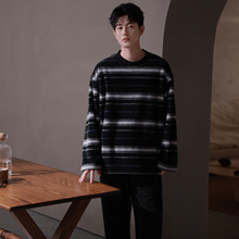 马克公主男士条纹睡衣男款秋冬日系休闲套头大学生软糯毛绒家居服