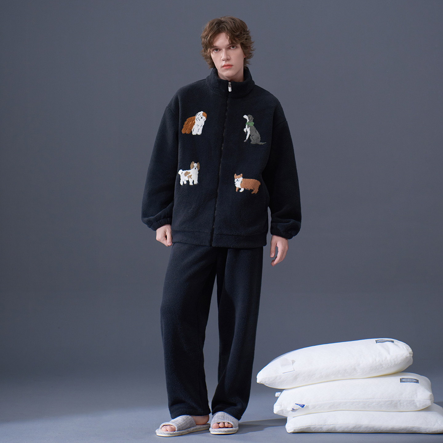 马克公主男生拉链睡衣男款秋冬珊瑚绒可爱小狗加厚青年男生家居服