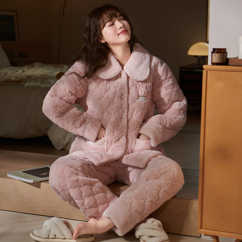 睡衣女冬季加厚三层夹棉甜美卡通