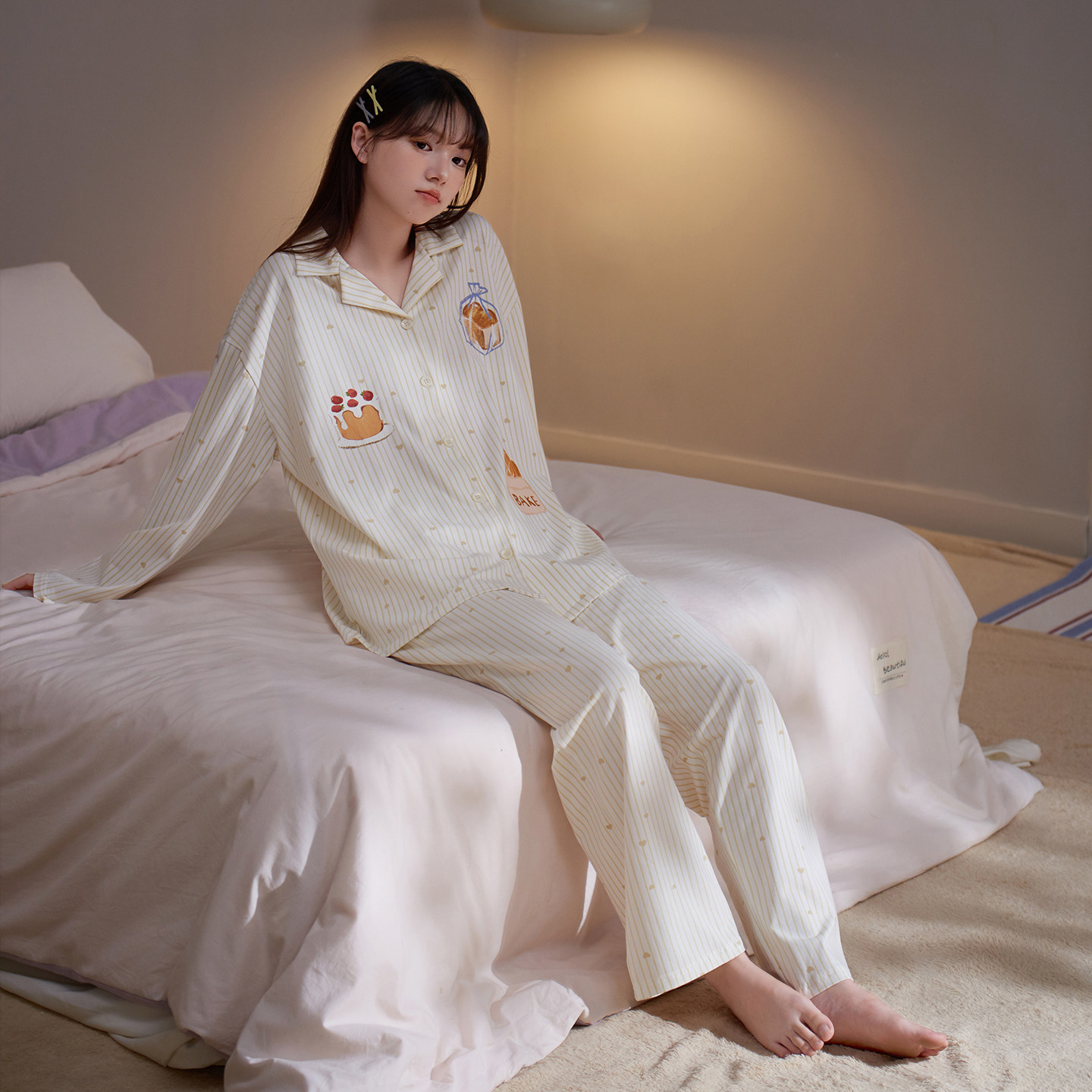 马克公主睡衣女春秋季新款可爱卡通柔软纯棉长袖条纹小个子家居服