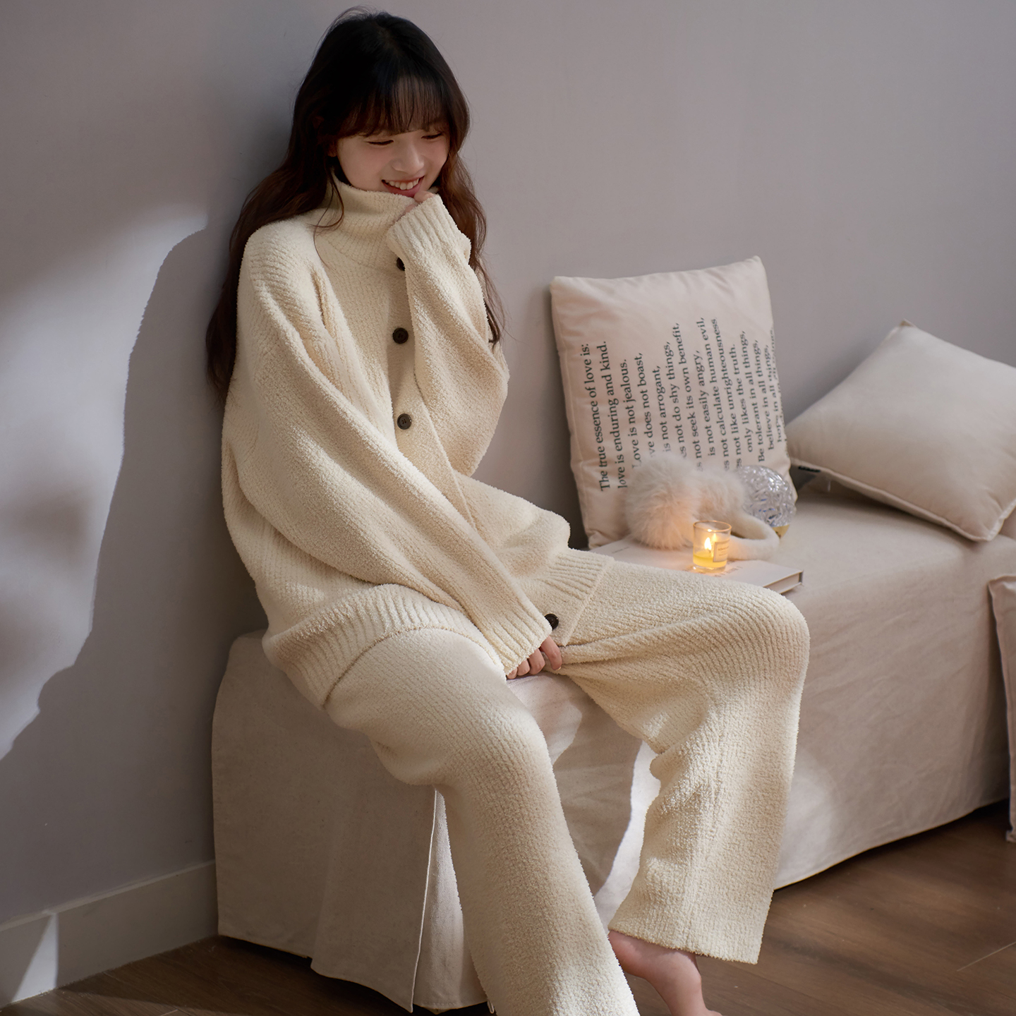 半边绒高领睡衣女秋冬款休闲开衫