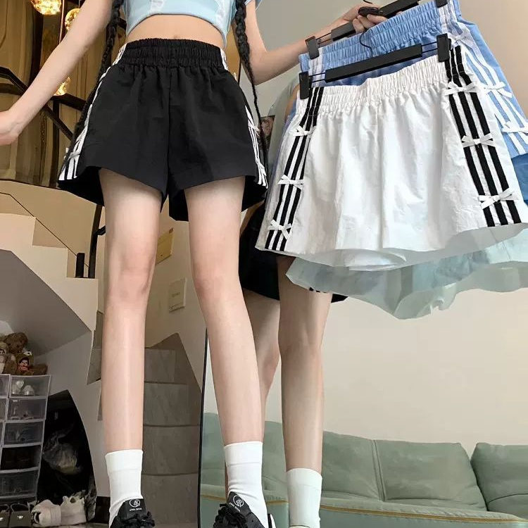 夏季松紧高腰运动裤子小个子宽松阔腿短裤三条杠纹蝴蝶结休闲裤女