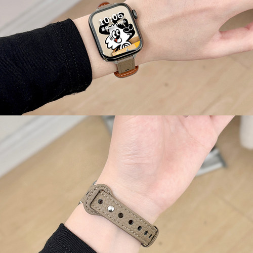 适用iwatch10表带s9苹果s8手表applewatch女生s7荔枝纹真皮se新款41/45mm高级感S6秋冬小众反扣单钉watch腕带