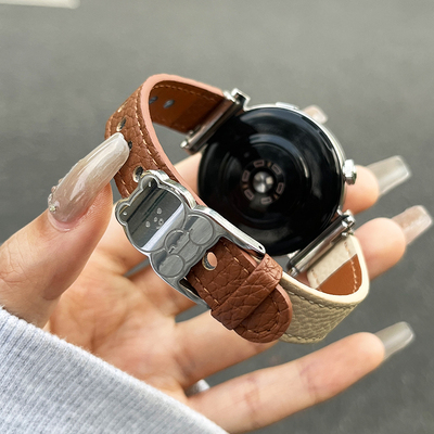 适用三星watch7表带新款WATCH6女款撞色GalaxyWatch5/4/3腕带荔枝纹真皮质女生秋冬高级智能运动女式轻奢JY