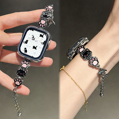 适用于苹果手表表带新款applewatchS11猫爪弯片iWatch10运动智能series9夏季女款s76时尚高级XL透气替换配件