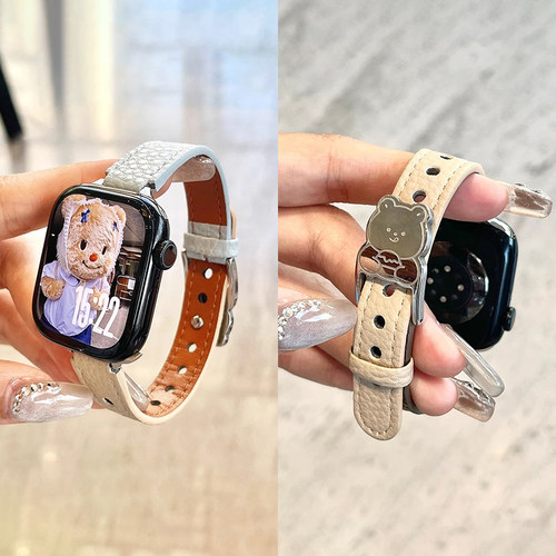 适用华为watchfit3表带女款手表FIT2新款可爱小熊钉扣fit4/5Pro快拆女生真皮拼色手链腕带秋冬运动智能男式