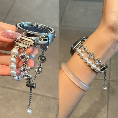 适用华为gt5表带GT6新款串珠watch5爱心珍珠白智能运动gt5pro镶钻手表女士gt4/3腕带荣耀fit女款高级感JY夏