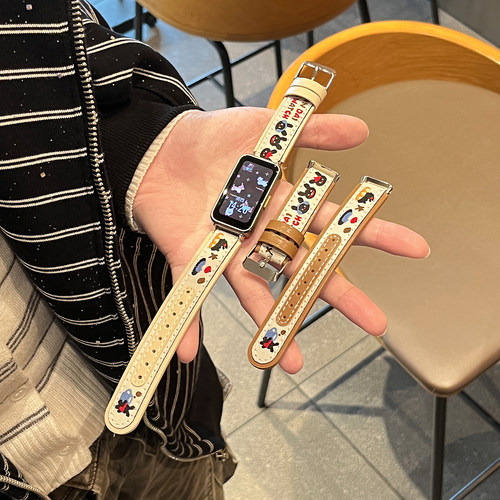 适用于华为9手环表带8NFC新品11/荣耀11pro兔子系列卡通荣耀10/9彩印皮质时尚高级感男女款JY运动智能腕带夏