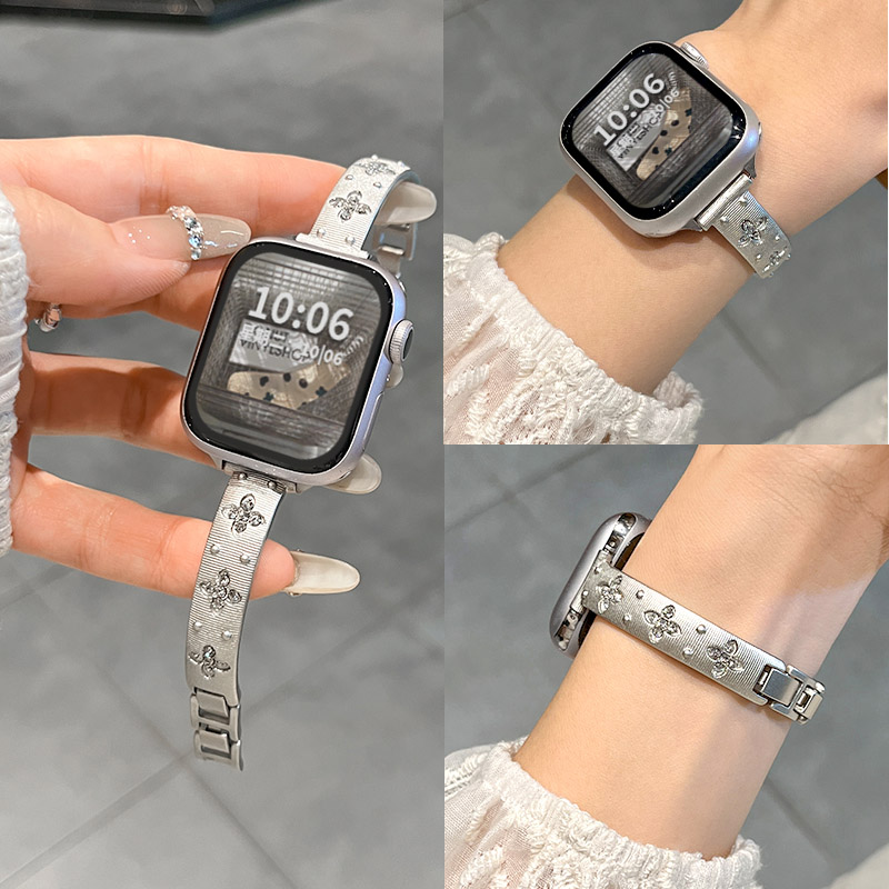 适用苹果手表表带s10花朵iwatchS11手镯腕带女生金属applewatchs9智能s8运动新款se男女款ultra高级感秋冬JY