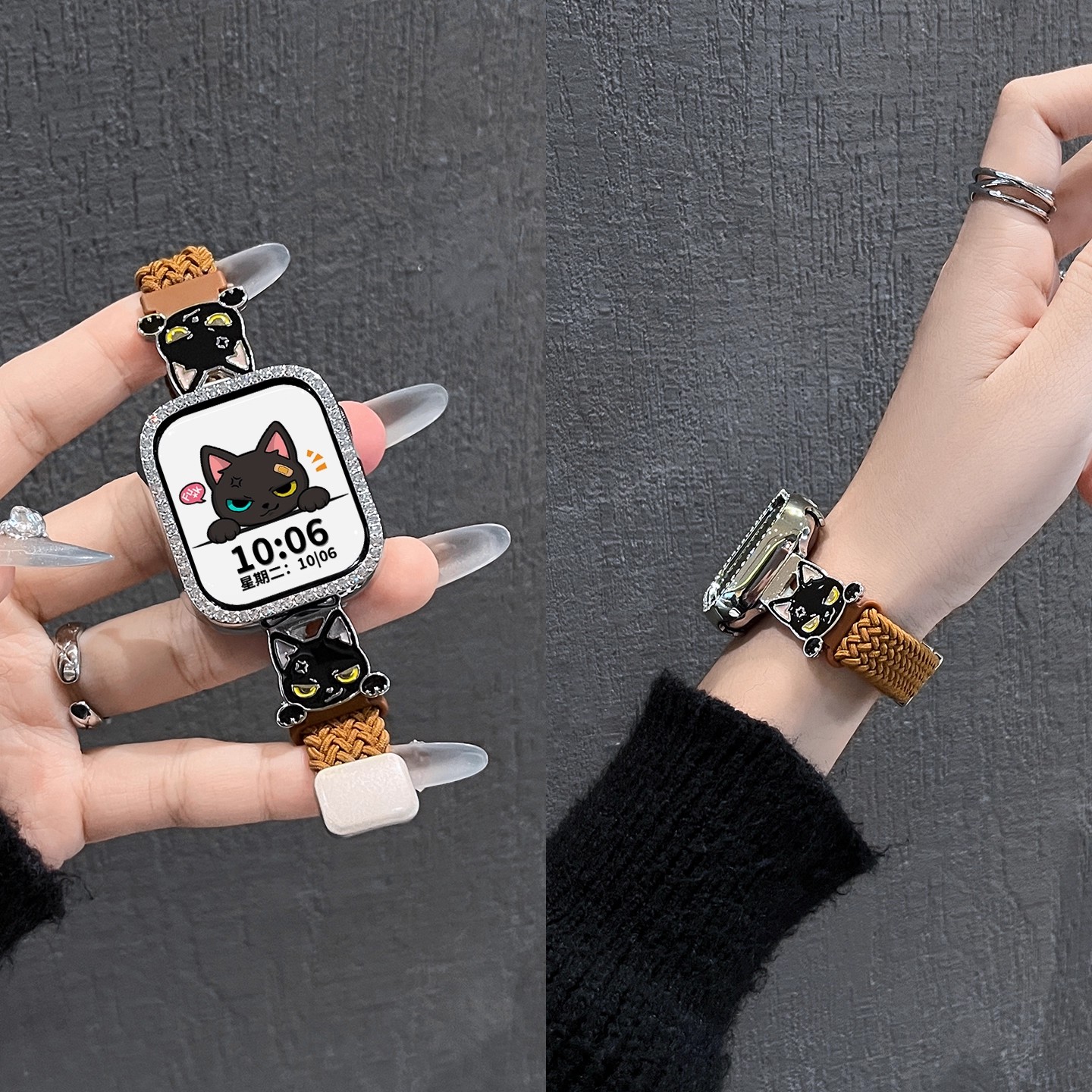 适用于苹果手表s10表带iwatch s11招吉猫apple watch编织尼龙ultra3女高级s8秋冬series保护壳XL运动智能腕带