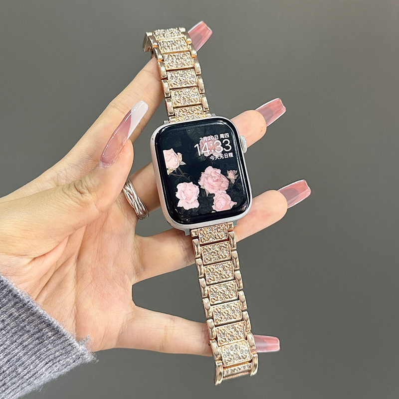 适用iwatch苹果手表表带s10新款满天星s9镶钻series10女士金属AppleWatch S87654智能腕带男女款轻奢专用JY