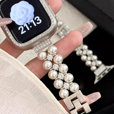适用于苹果手表表带s10新款珍珠镶钻iwatch s9金属series10智能腕表AppleWatch女款s876时尚JY夏ins专用se