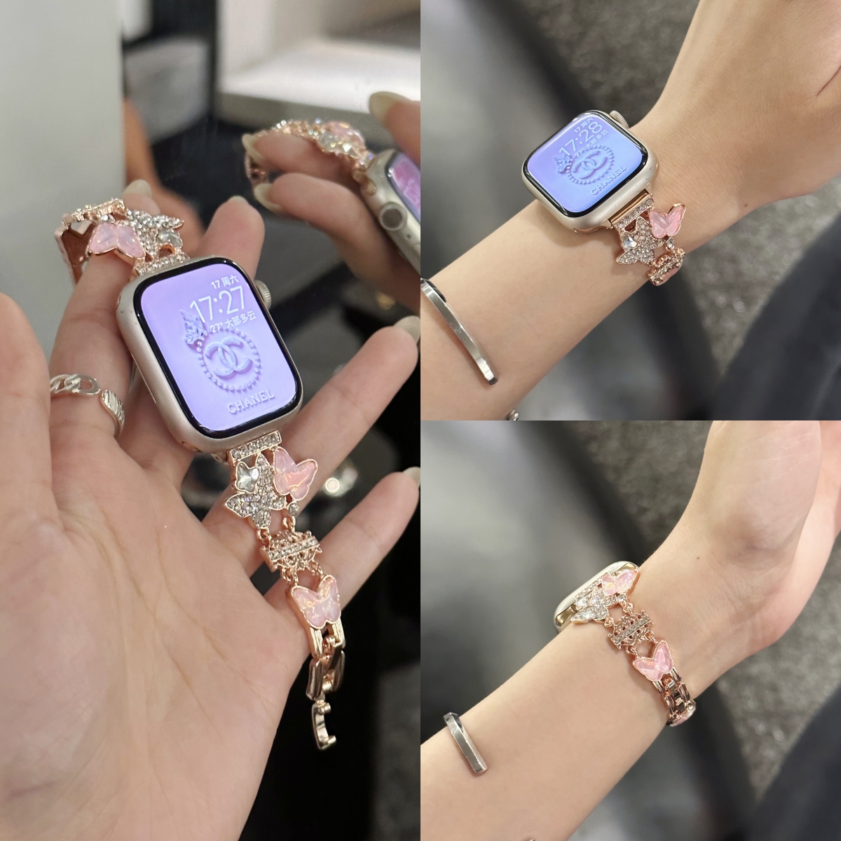 适用苹果手表表带iwatch10金属链式applewatch8新款S9女士镶钻s8蝴蝶SE表链41/45mm女生s7小众6高级感5手表带