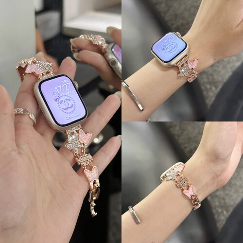 适用苹果手表表带iwatch10金属链式applewatch8新款S9女士镶钻s8蝴蝶SE表链41/45mm女生s7小众6高级感5手表带